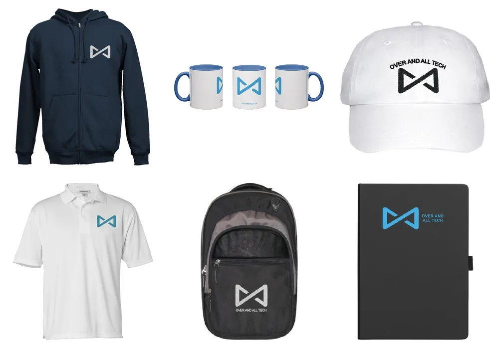 Corporate merchandise with company branding: sweatshirt, mugs, cap, T-shirt, backpack and diary