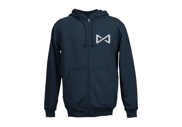 Custom branded navy sweatshirt jacket with company logo
