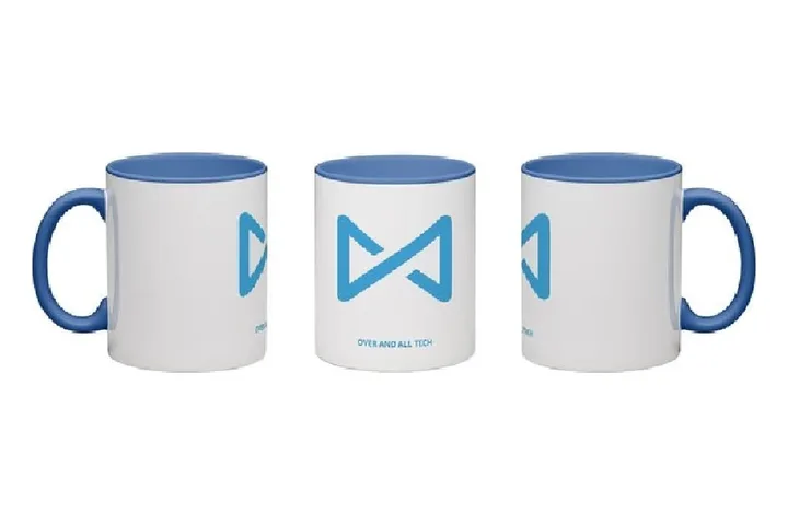 Merchandise graphics: branded mugs with the Over & All Tech logo